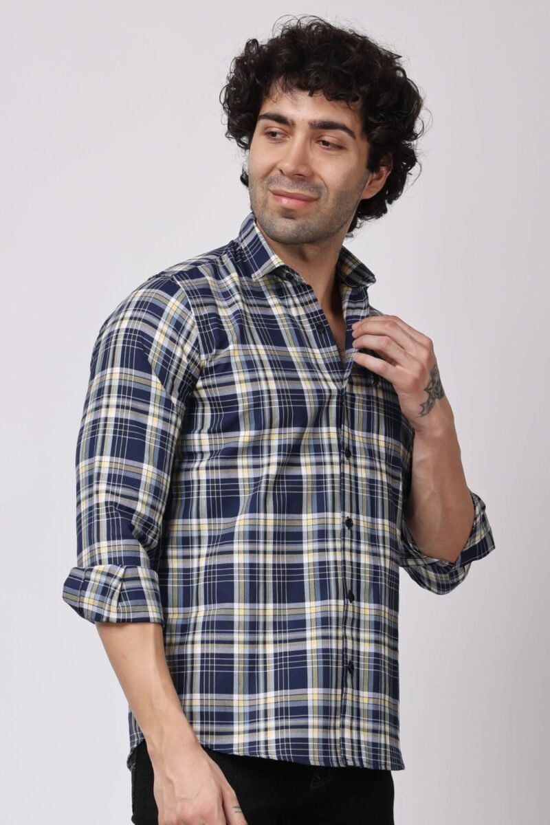 men wearing blue and yellow check shirt