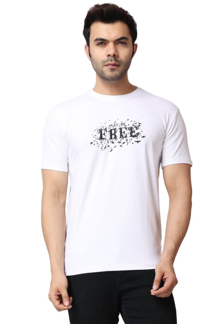 White Cotton Lycra Tee with "Let Be Free" Print-13005