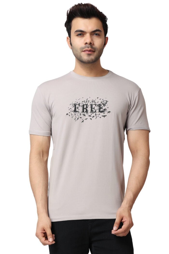 Beige Cotton Lycra Tee with "Le Be Free" Print-13006