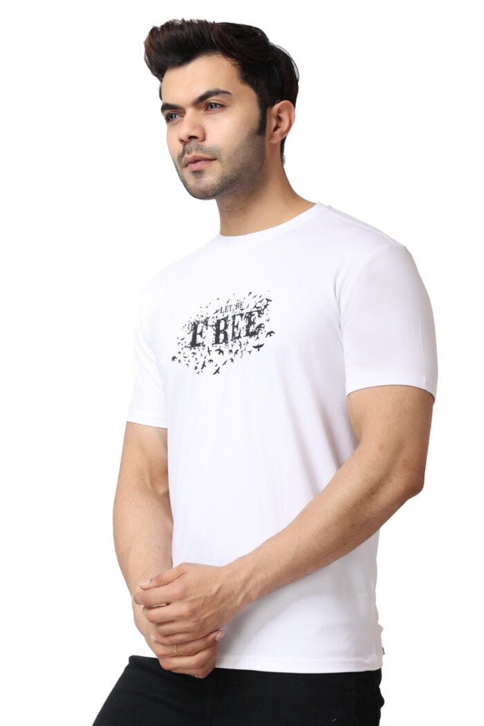 White Cotton Lycra Tee with "Let Be Free" Print-13005 - Image 3