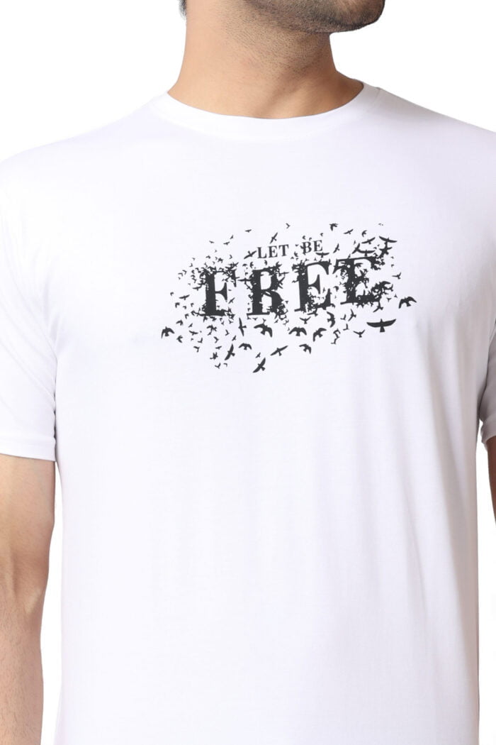 White Cotton Lycra Tee with "Let Be Free" Print-13005 - Image 2